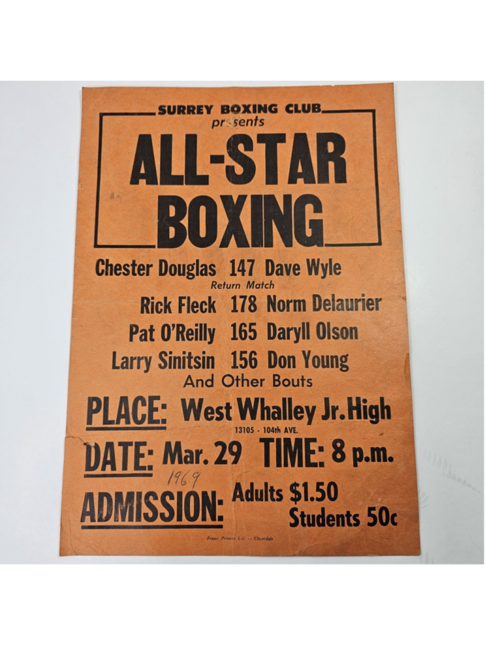 1969 Surrey Boxing Club All-Star Boxing Poster West Whalley Jr High BC Canada